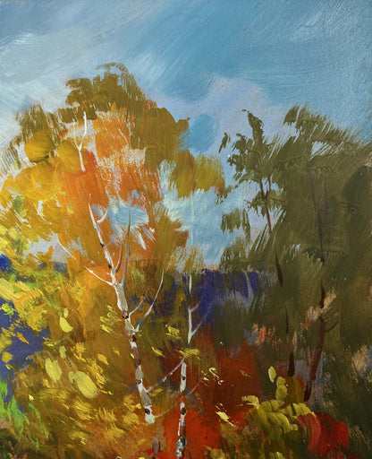 Vibrant impressionist oil painting of birch trees on autumn meadow by Yuriy Suprunchuk
