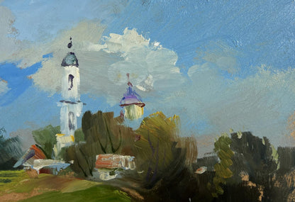 Oil painting of Yuriy Suprunchuk village church with blue-domed tower