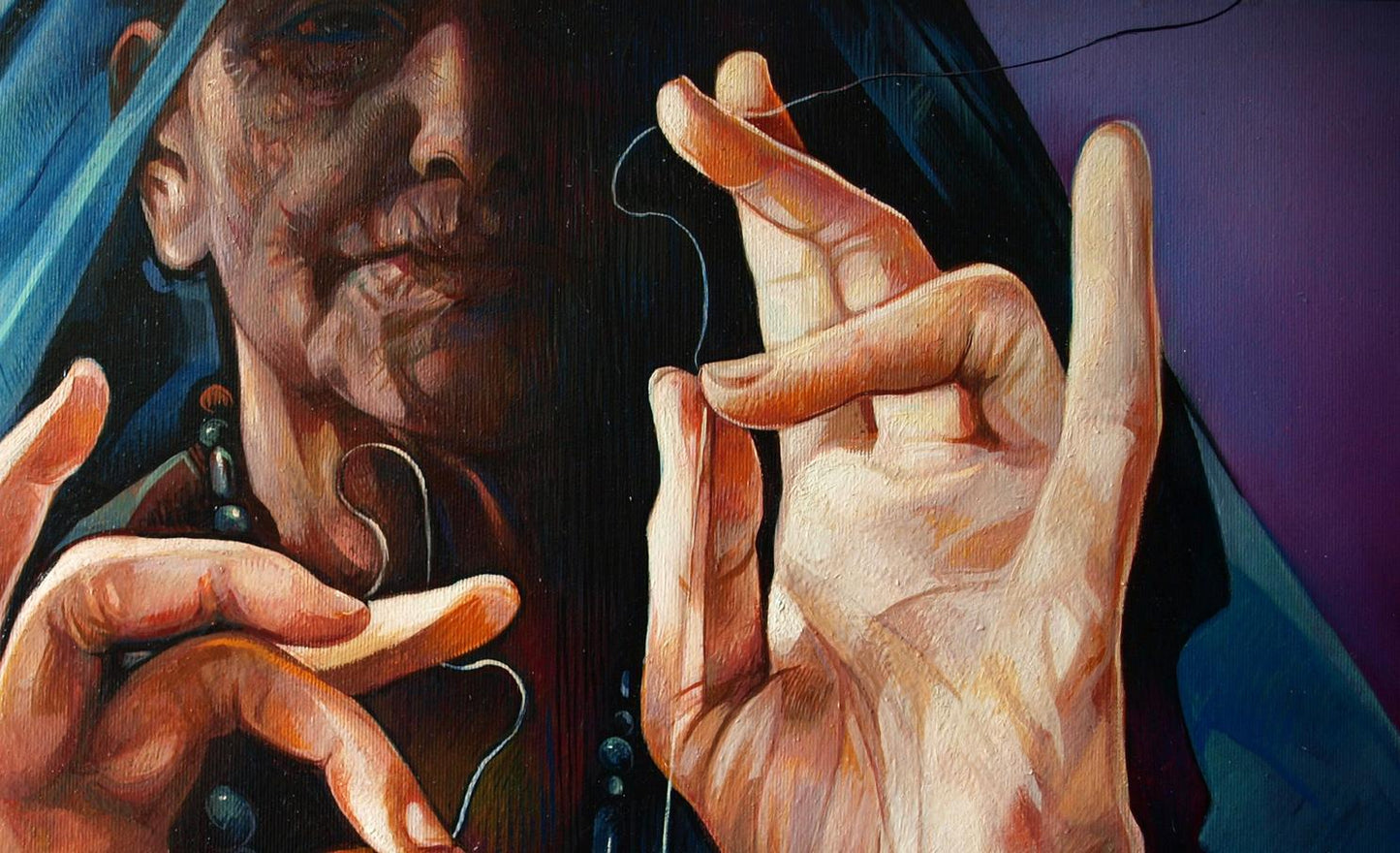 Oil painting Balances by Konsta G. Amelinn: elderly woman with blue veil holding thread