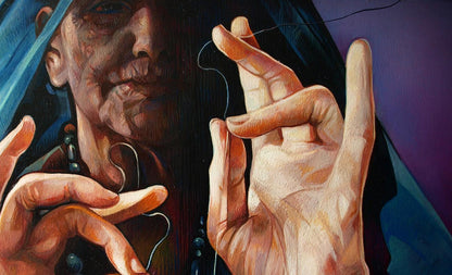 Oil painting Balances by Konsta G. Amelinn: elderly woman with blue veil holding thread