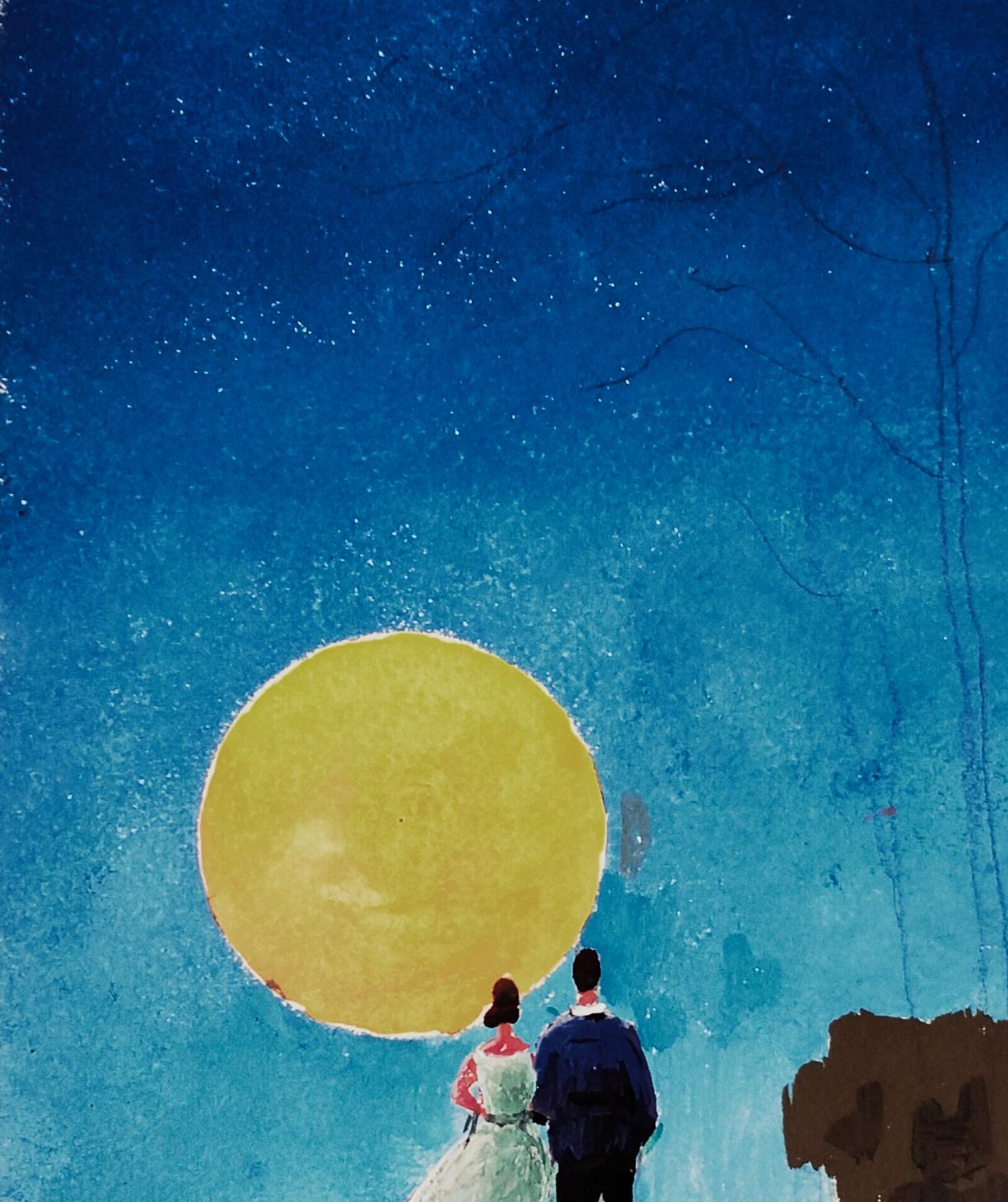 Gouache painting by Vitaly Duhnevich: couple under glowing yellow moon