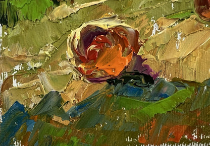 Vibrant oil painting of rose with red orange petals in lush green foliage by Oksana Ivanyuk