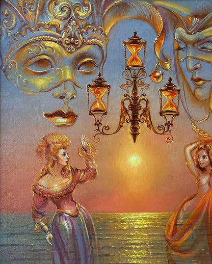 Golden ornate chandelier with sandglass lamps over sea at sunset, Venetian Dream painting
