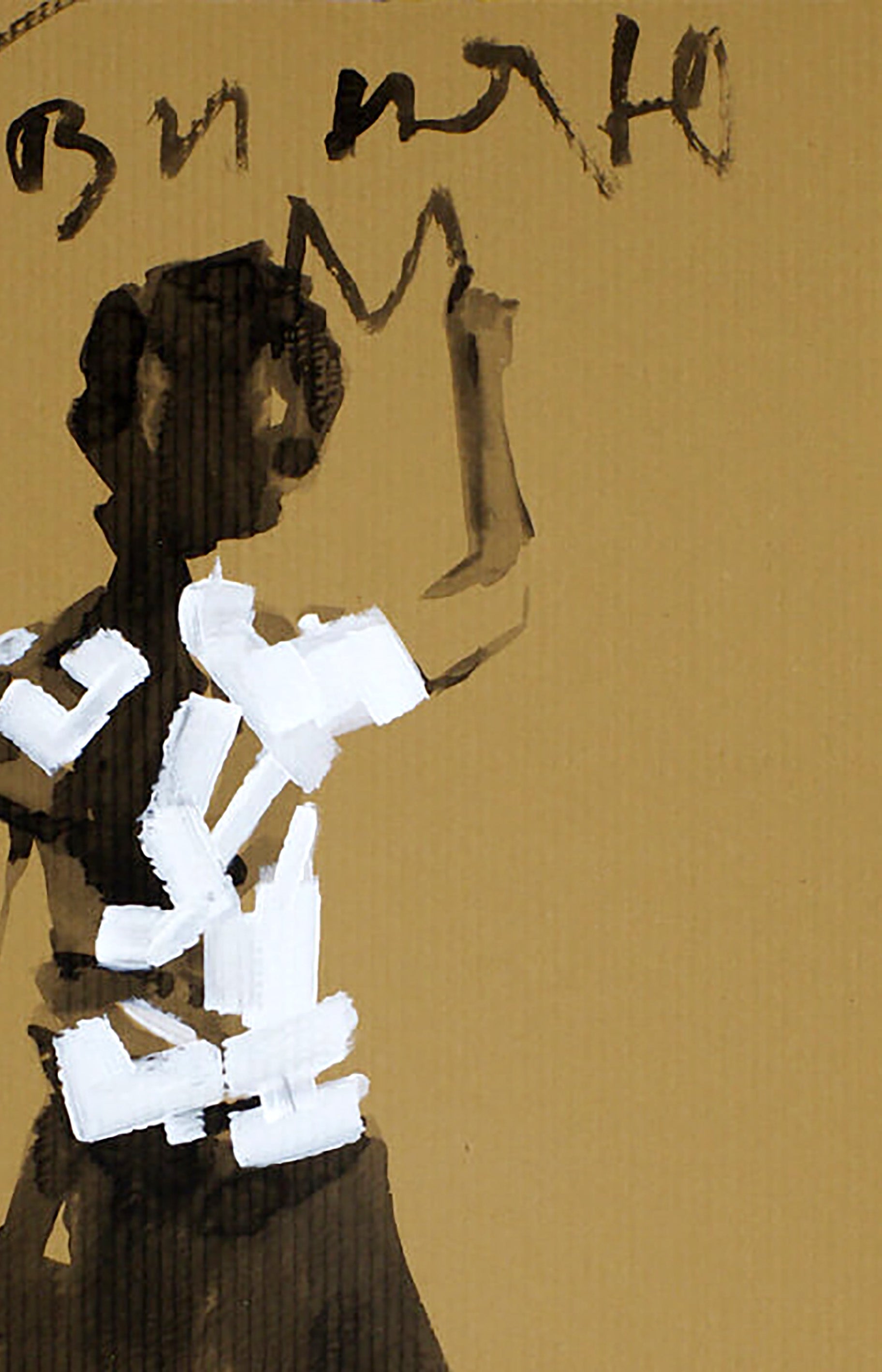 Abstract acrylic painting I blame the world by Dima Filatov, stylized figure in brown and white on mustard yellow background