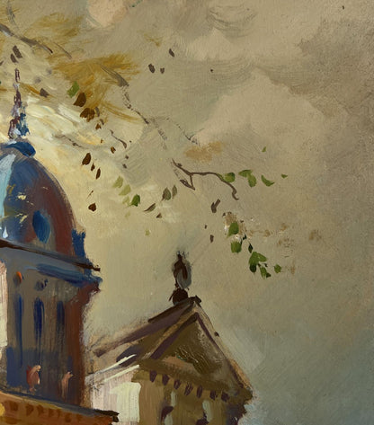 A painted depiction of a classical building with a blue-domed tower and green leaves falling against a soft, textured sky.