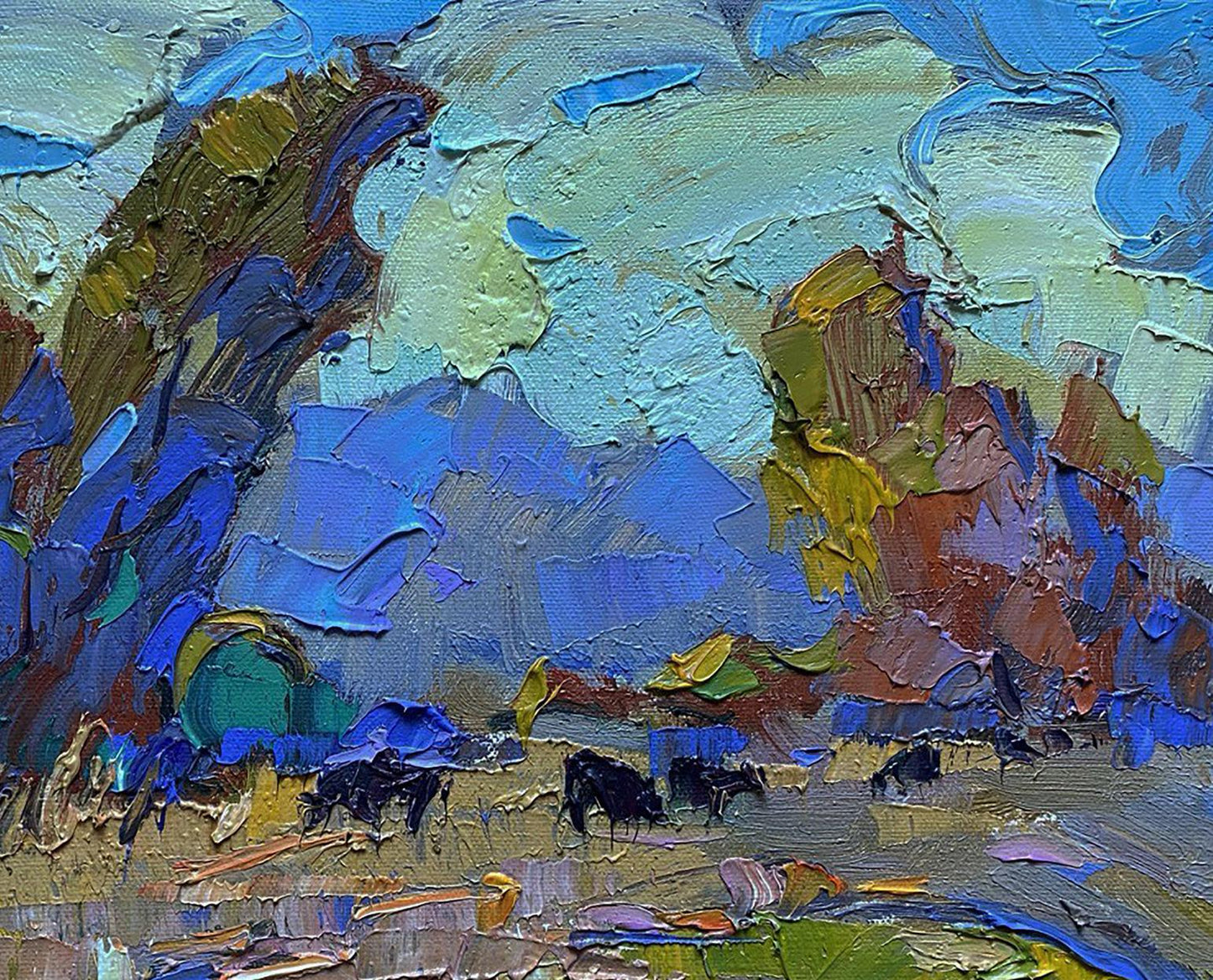 Vibrant impressionist oil painting by Oleksiy Ivanyuk of pastoral grazing animals in a cold breeze