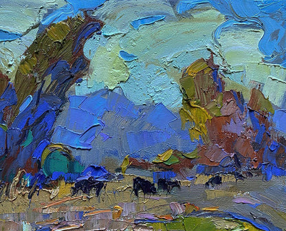 Vibrant impressionist oil painting by Oleksiy Ivanyuk of pastoral grazing animals in a cold breeze