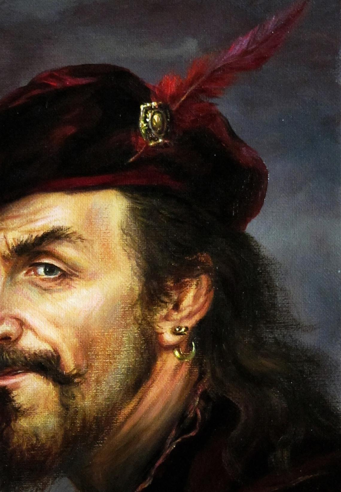 Oil painting of burgundy velvet cap with red feather by Valeriy Bulat