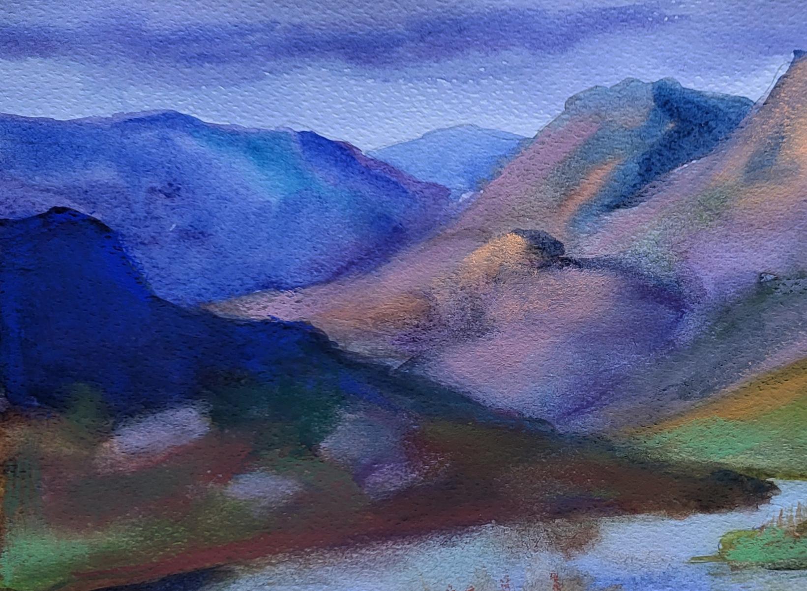 Watercolor painting of clouds over mountain ridges by Boris Serdyuk