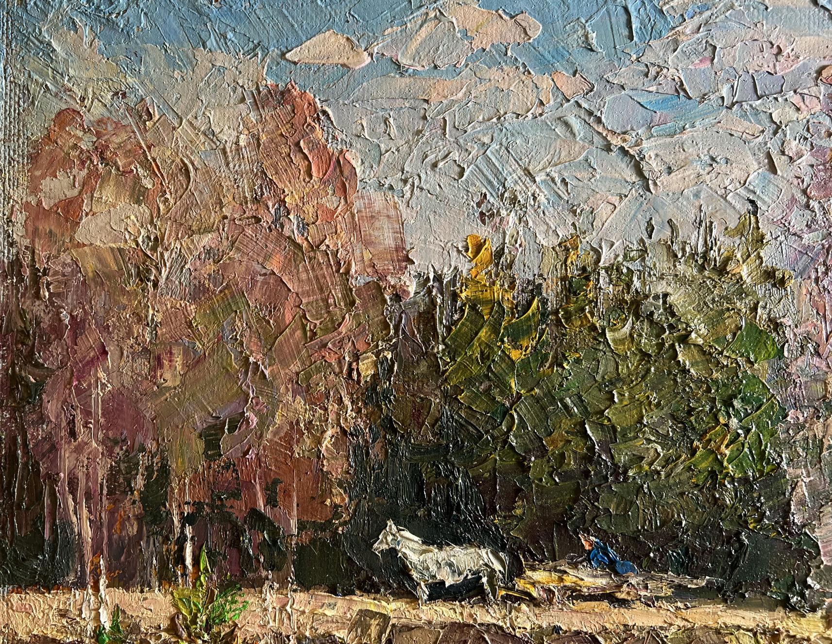 Oil painting Along the forest road by Boris Serdyuk: white cow in lush field