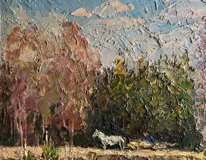 Oil painting Along the forest road by Boris Serdyuk: white cow in lush field