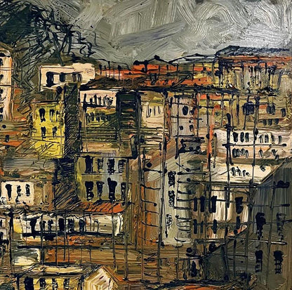 Abstract expressionist oil painting of multilevel city by Serhiy Kovalev
