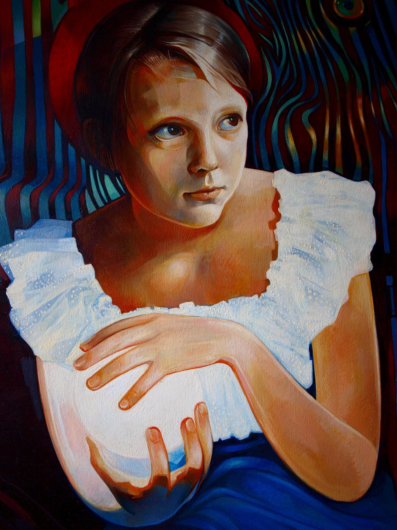 Oil painting Paramatma by Konsta G. Amelinn: young girl with dark hair in white top and blue skirt holding white object