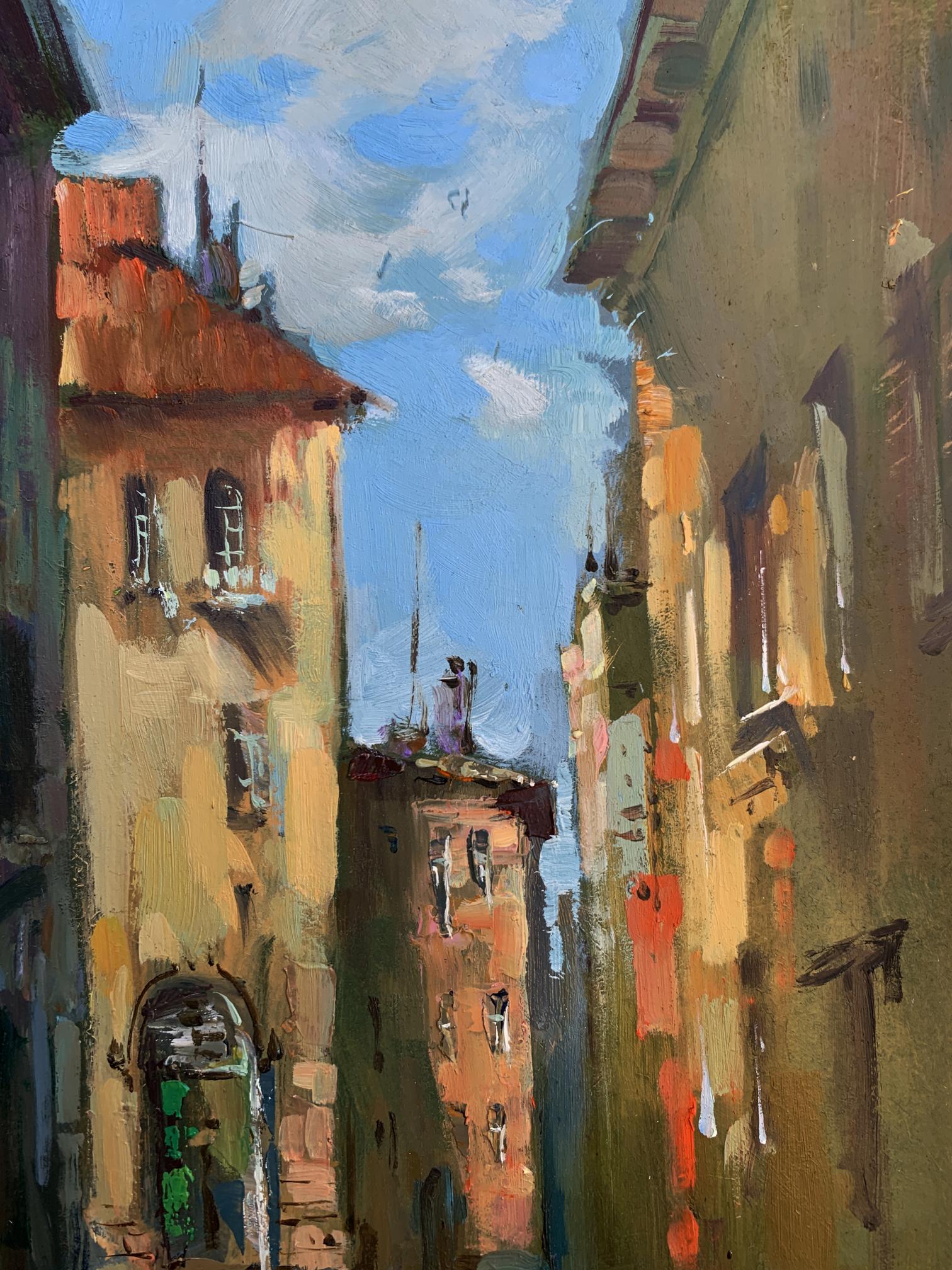 Vibrant impressionist oil painting of boats through sunlit European alleyway by Yuriy Suprunchuk