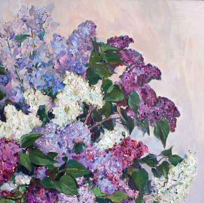 Vibrant oil painting of lilac bouquet by Leonid Pavlenko
