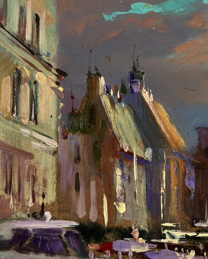 Textured impressionistic oil painting by Yuriy Suprunchuk: European street with sailboats at twilight
