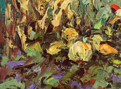 Oil painting The land that gives generosity by Oleksiy Ivanyuk with textured flowers