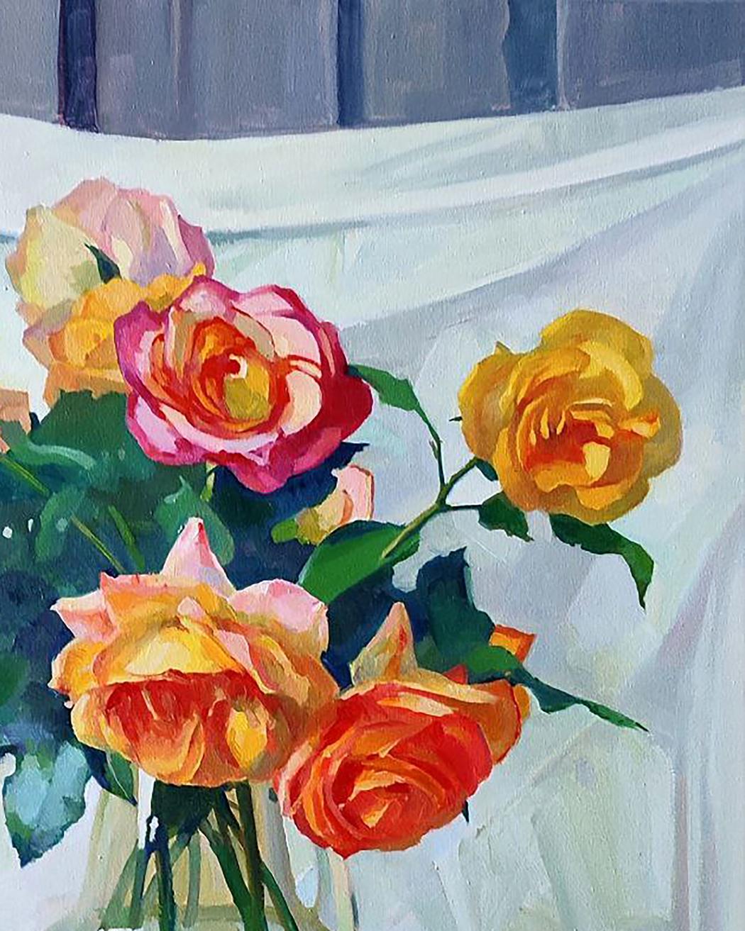 Oil painting Roses Anastasia Yaroshevich: vibrant pink, orange, yellow roses