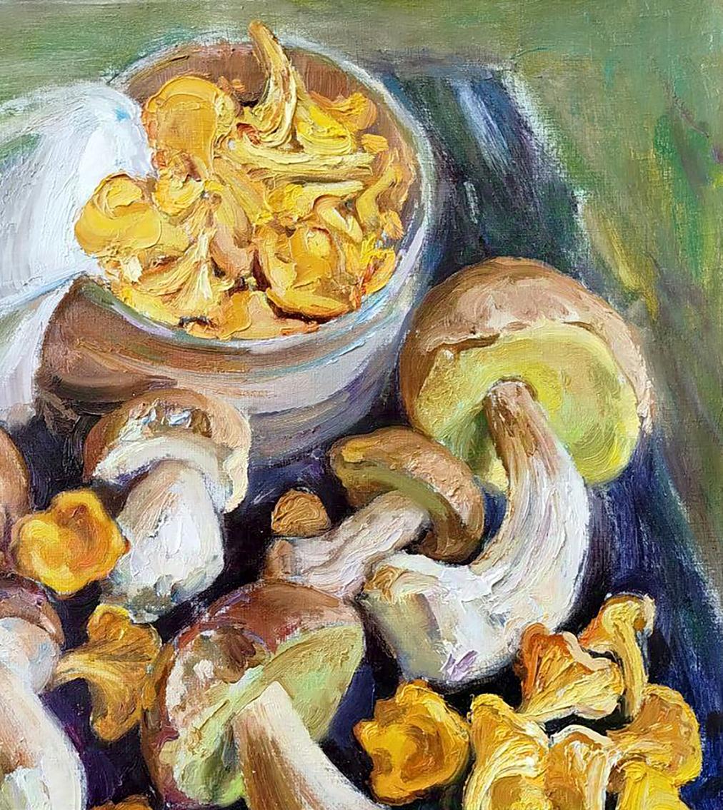 Oil painting of golden chanterelles and brown mushrooms by Leonid Pavlenko