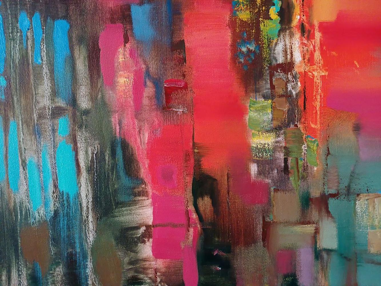 Vibrant abstract oil painting Cantata by Anatoly Tarabanov with bold pink red blue teal strokes