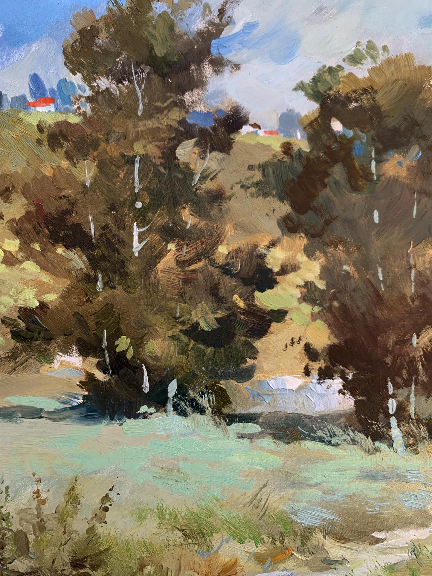 Textured oil painting of wooded village pond landscape by Yuriy Suprunchuk