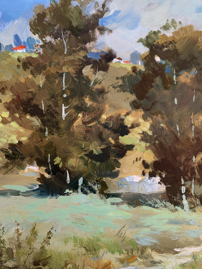 Textured oil painting of wooded village pond landscape by Yuriy Suprunchuk