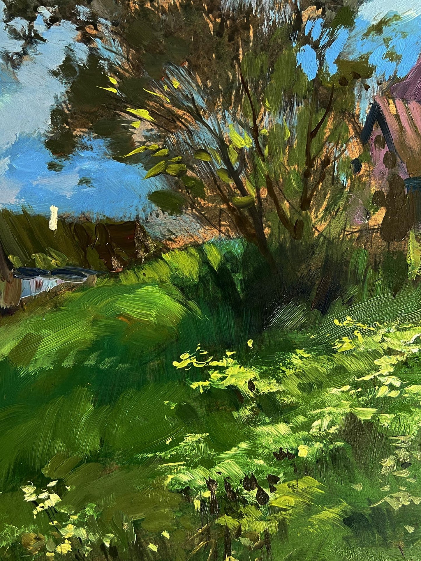 Vibrant impressionist oil painting of sunlit garden walk near village by Yuriy Suprunchuk