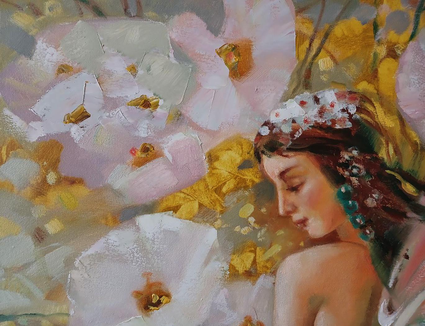 Abstract oil painting of woman with floral headpiece by Anatoly Tarabanov
