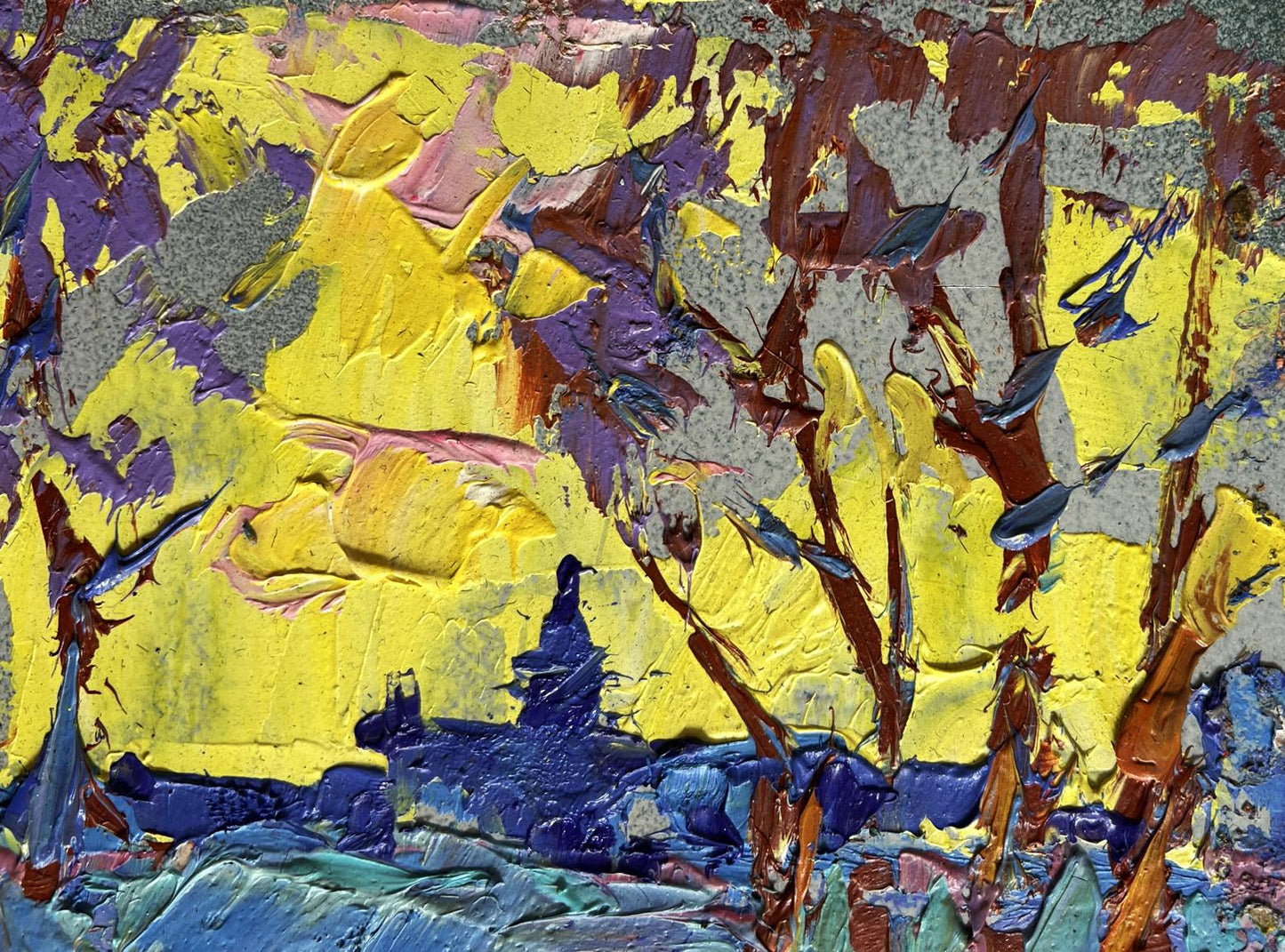 Vibrant Oleksiy Ivanyuk oil painting of winter evening with textured yellow sunset