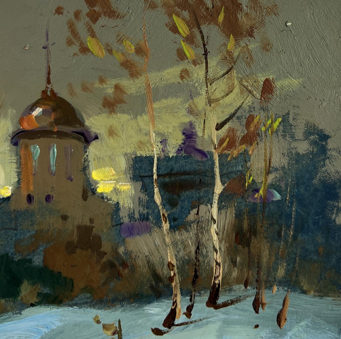 Oil painting Sunset behind village by Yuriy Suprunchuk, domed tower and birch trees