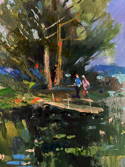 Oil painting by Yuriy Suprunchuk: figures on rustic bridge over lily pad pond