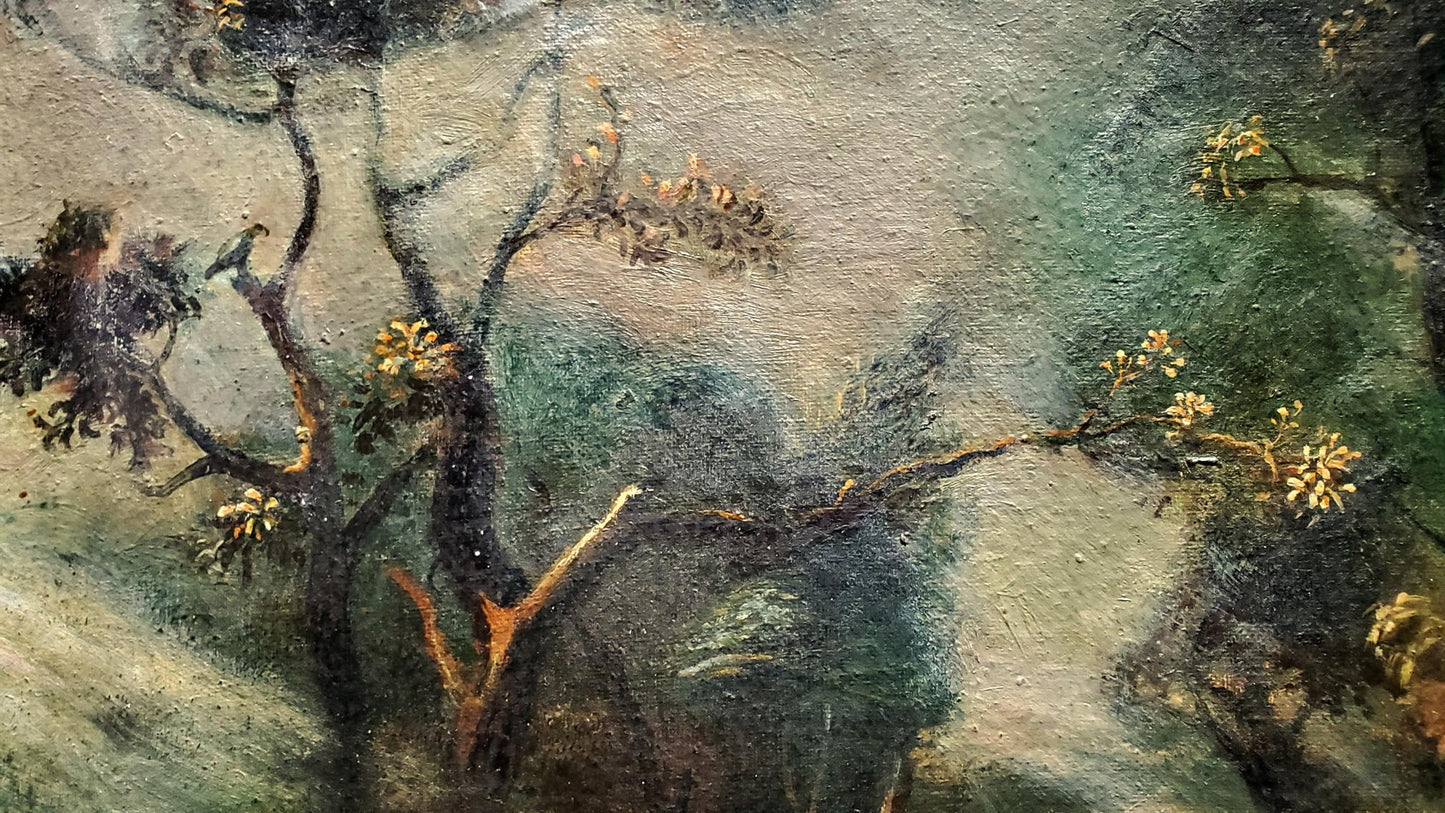 Oil painting landscape with goats by Daniil Litvinov: gnarled branches, yellow blossoms