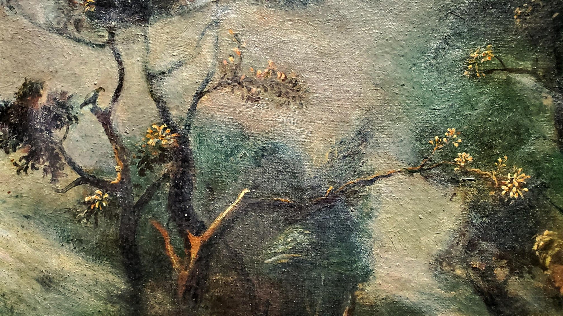 Oil painting landscape with goats by Daniil Litvinov: gnarled branches, yellow blossoms