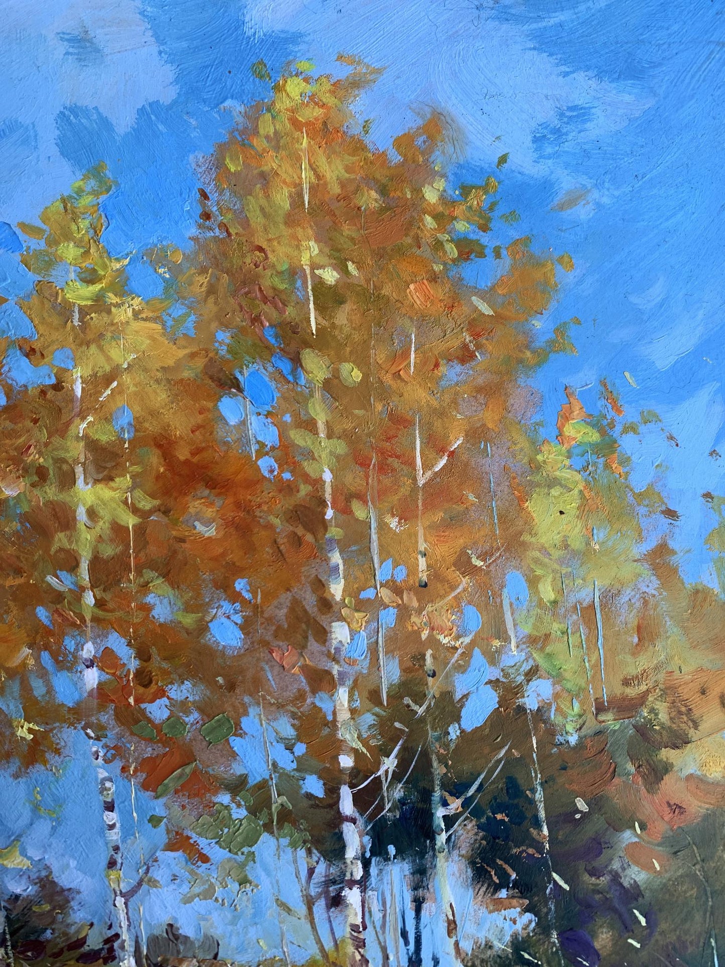 Oil painting of autumn birch trees with golden-orange foliage by Yuriy Suprunchuk
