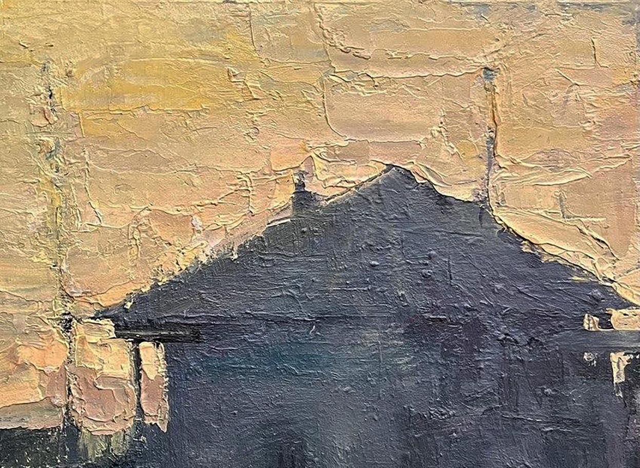 Textured dark blue roof and cracked yellow wall in Volodymyr Pashchenko church painting