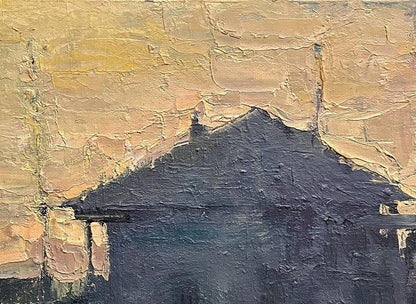 Textured dark blue roof and cracked yellow wall in Volodymyr Pashchenko church painting