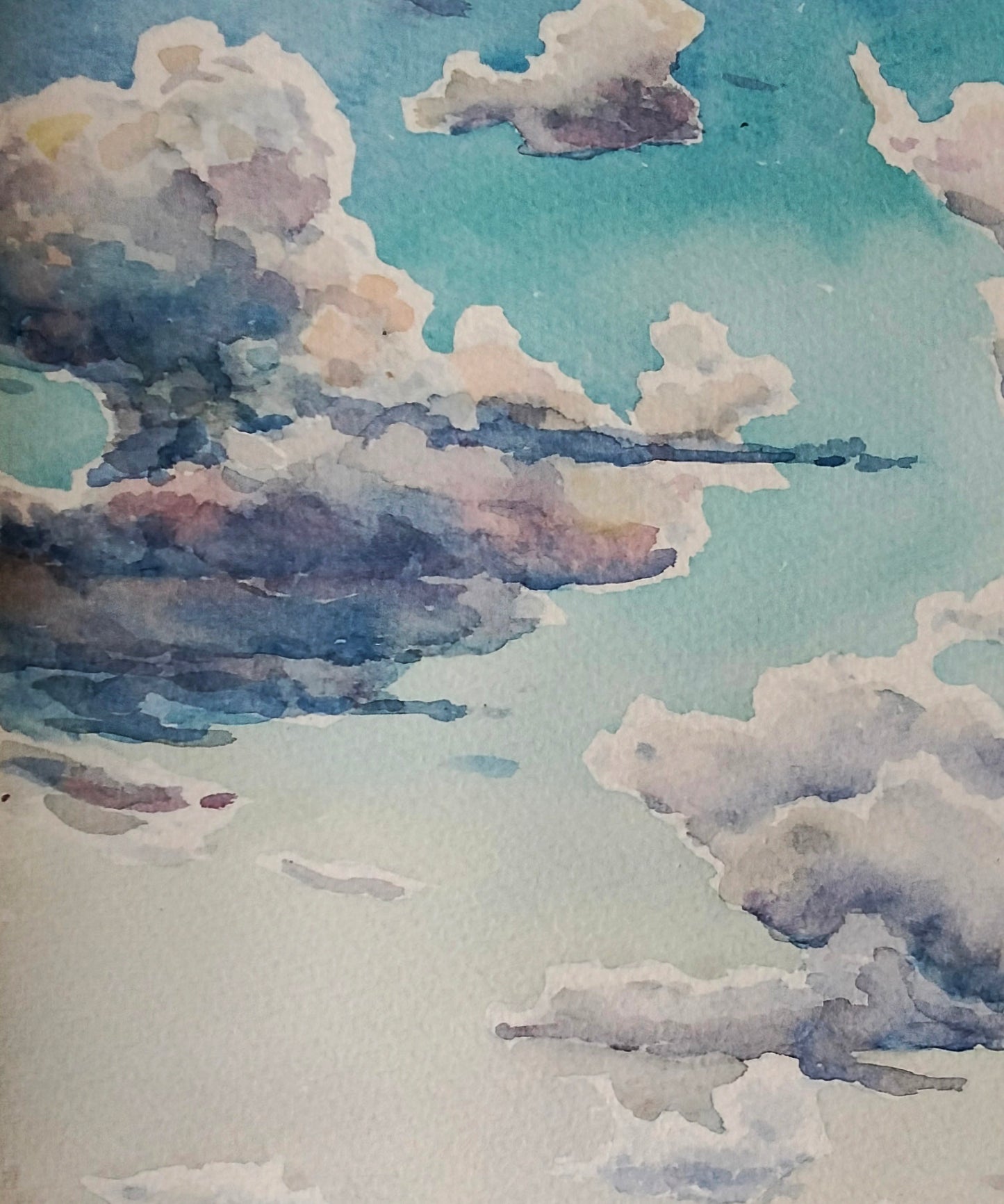 Watercolor painting of boats on shore with dreamy clouds by Vitaly Duhnevich