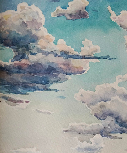 Watercolor painting of boats on shore with dreamy clouds by Vitaly Duhnevich