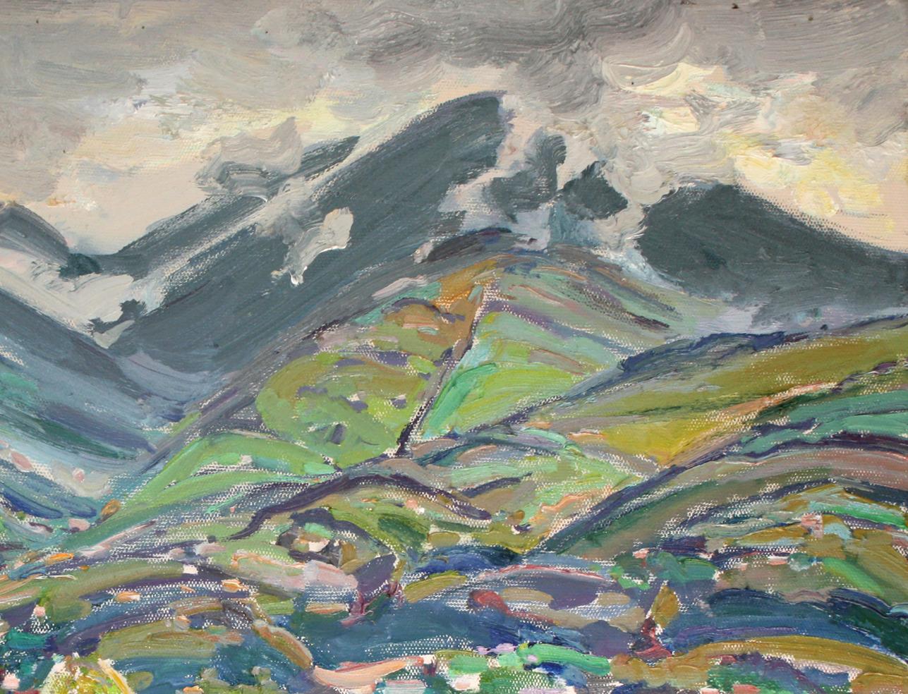 Vibrant impressionist oil painting of green hills and mountains by Leonid Pavlenko