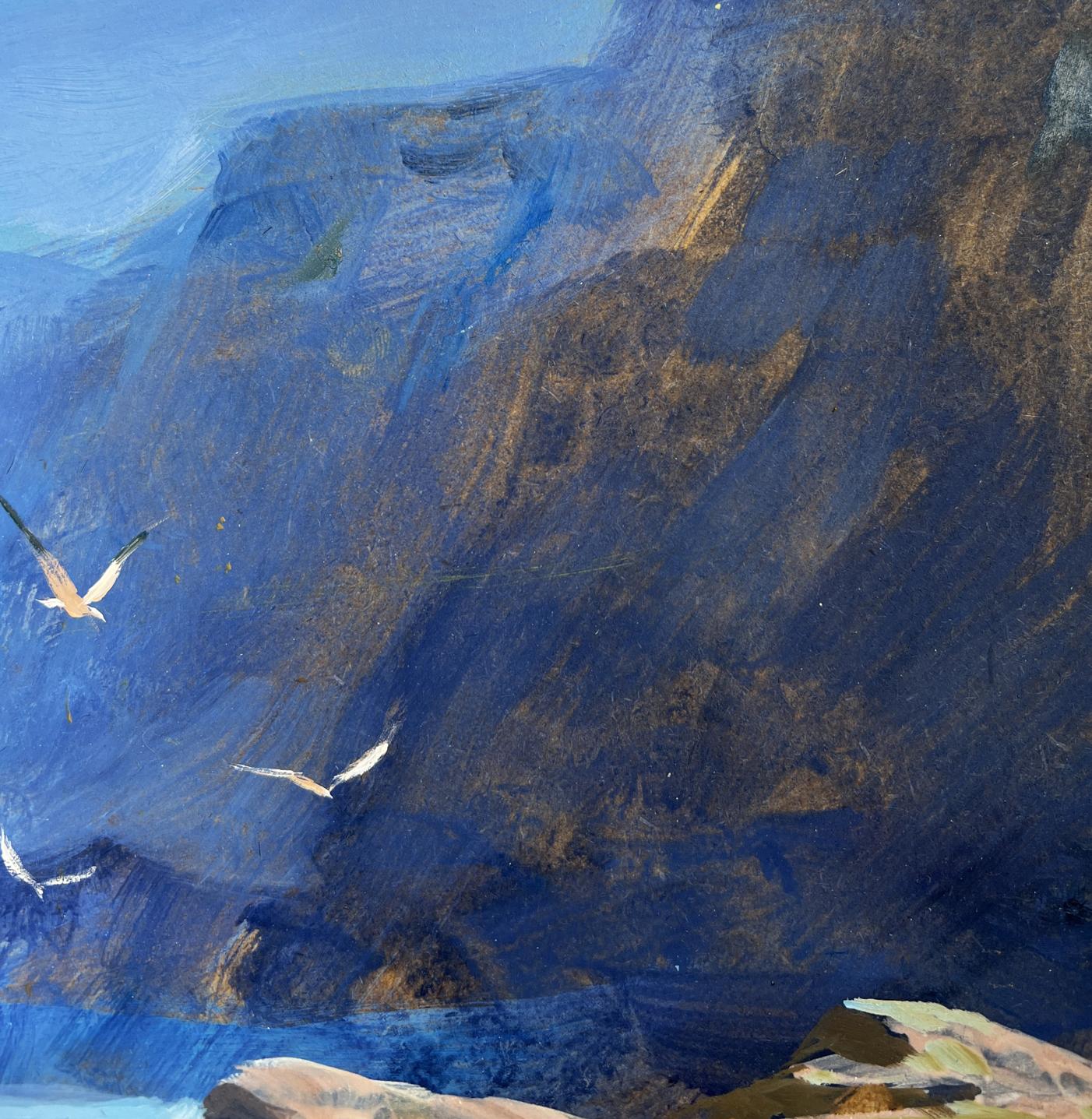 Oil painting Sea Breeze on a Clear Day by Yuriy Suprunchuk, textured blue brown mountains