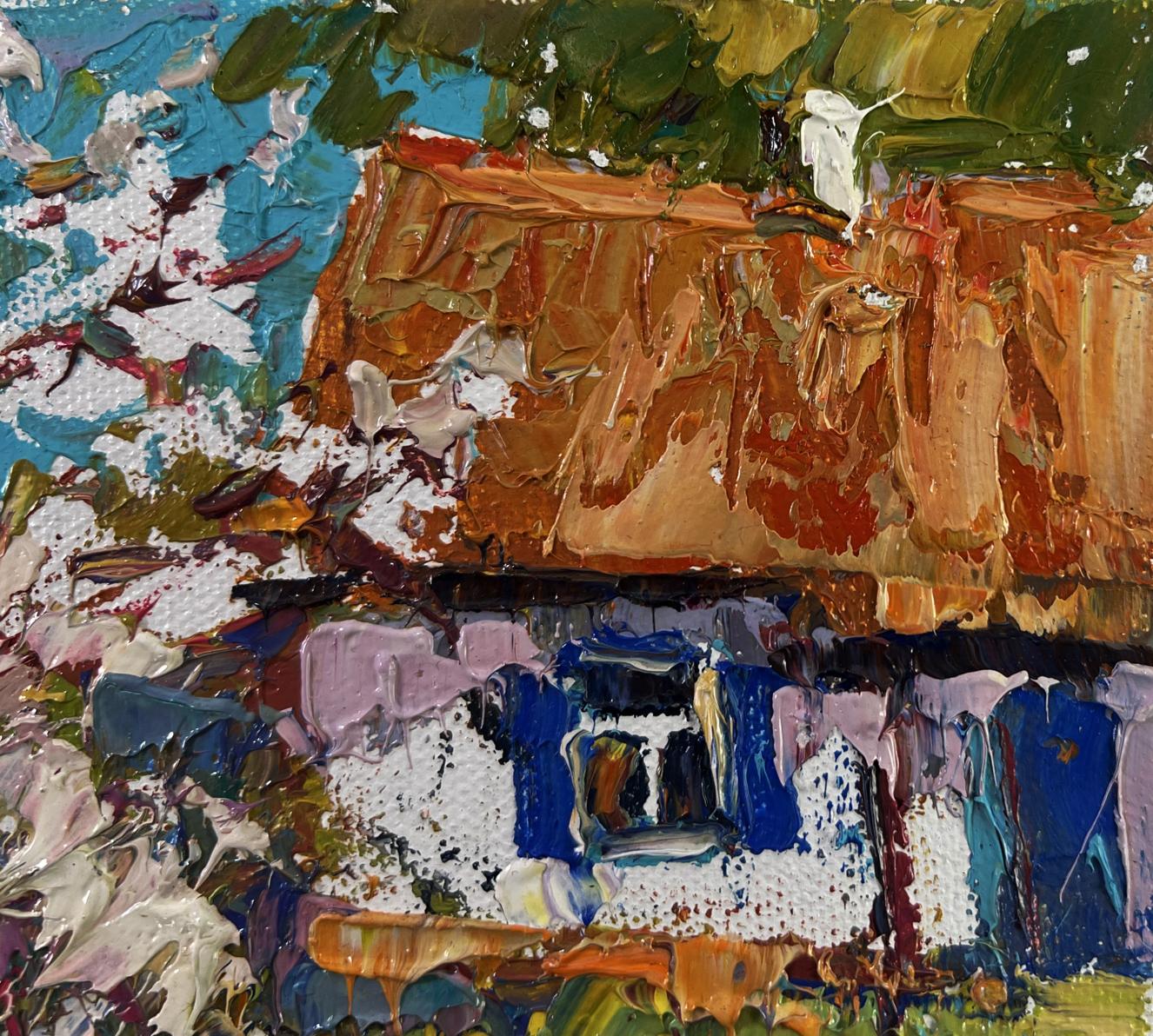 Vibrant oil painting of rustic house by Oksana Ivanyuk, bright day hope