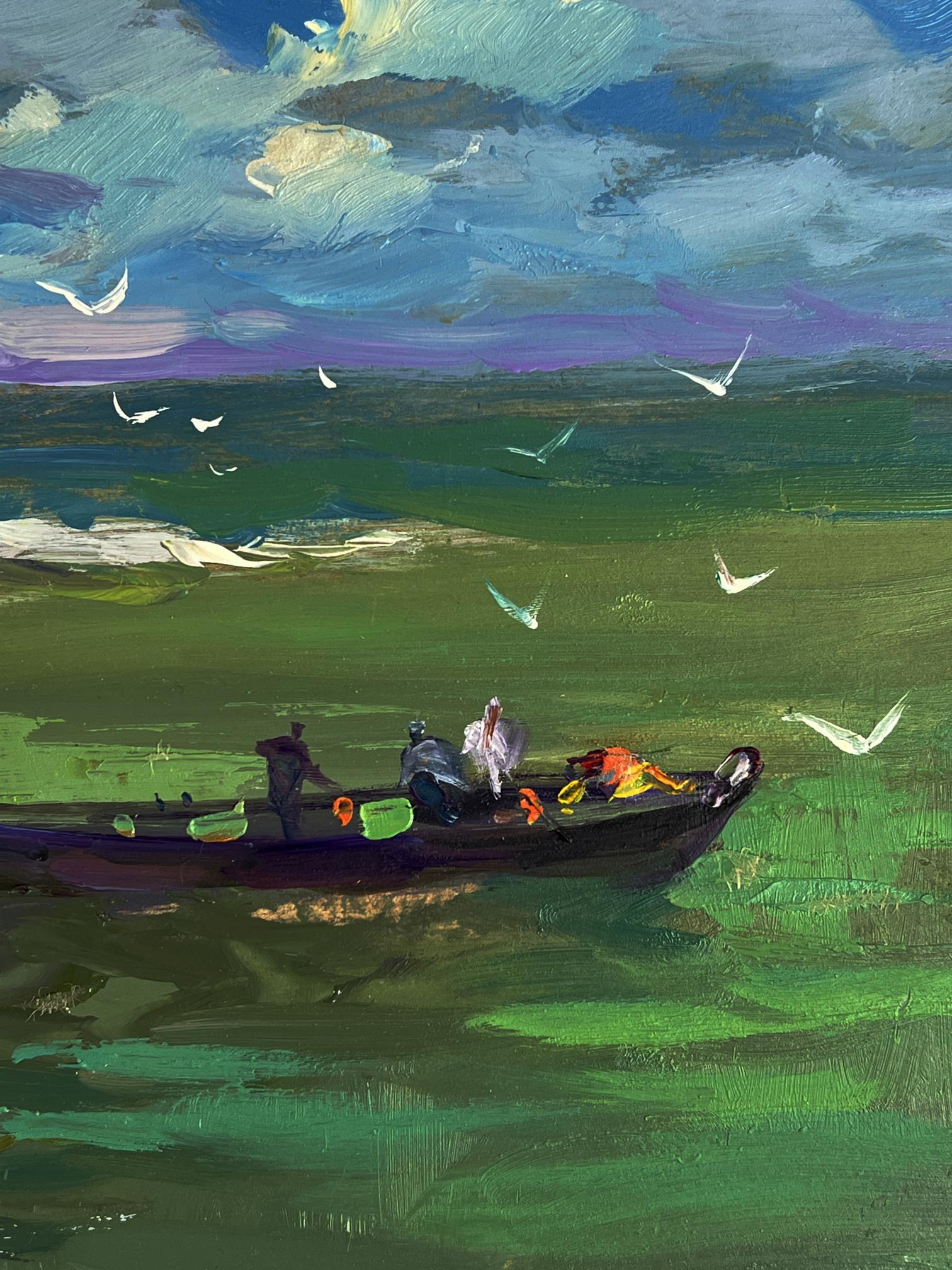 Oil painting of fishing boat at sea by Yuriy Suprunchuk on vibrant green water