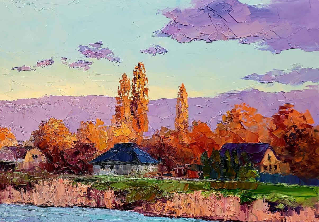 Oil painting Behind the river by Boris Serdyuk: golden trees, rustic houses, purple-blue sky