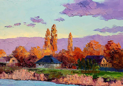 Oil painting Behind the river by Boris Serdyuk: golden trees, rustic houses, purple-blue sky