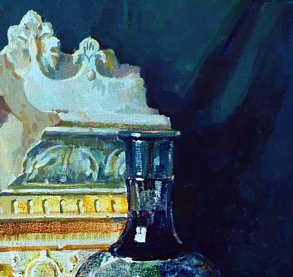 Oil painting still life with persimmon by Anastasia Yaroshevich, dark glass vase