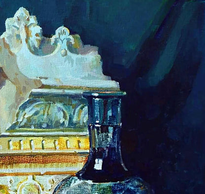Oil painting still life with persimmon by Anastasia Yaroshevich, dark glass vase