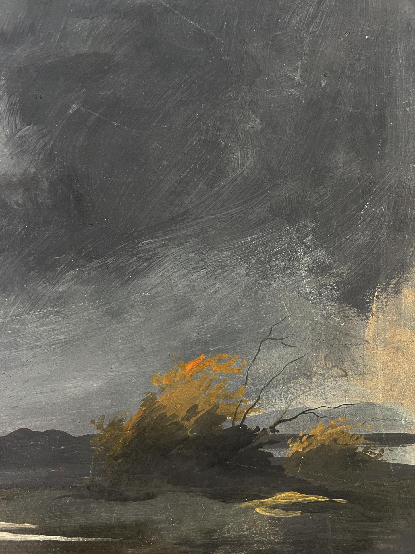 Moody oil painting of vibrant orange tree in thunderstorm by Oleg Litvinov