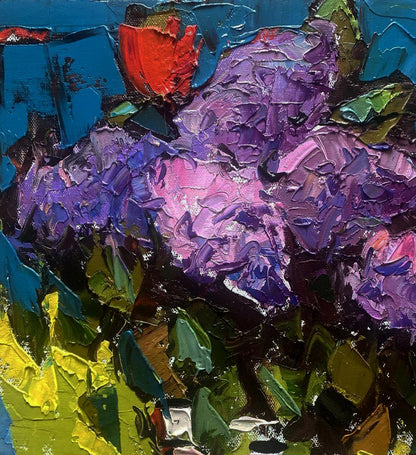 Oil painting The scent of lilac fills the room by Oleksiy Ivanyuk vibrant purple pink bouquet