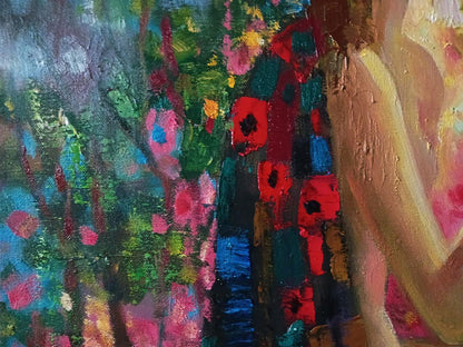 Abstract oil painting Morning Woman by Anatoly Tarabanov with vibrant floral shapes