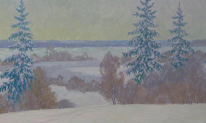Oil painting of snow-covered evergreens after night snowstorm by Valery Savenets